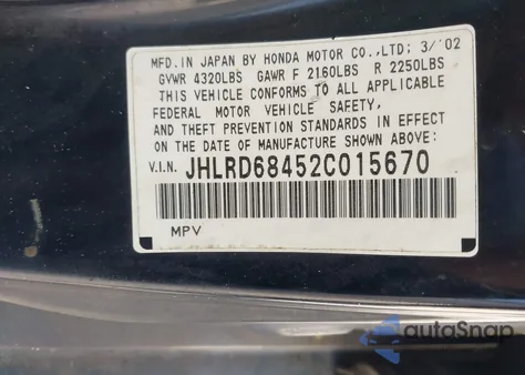 2002 Honda Cr-V z USA, uszkodzony, nr VIN JHLRV68452C015670